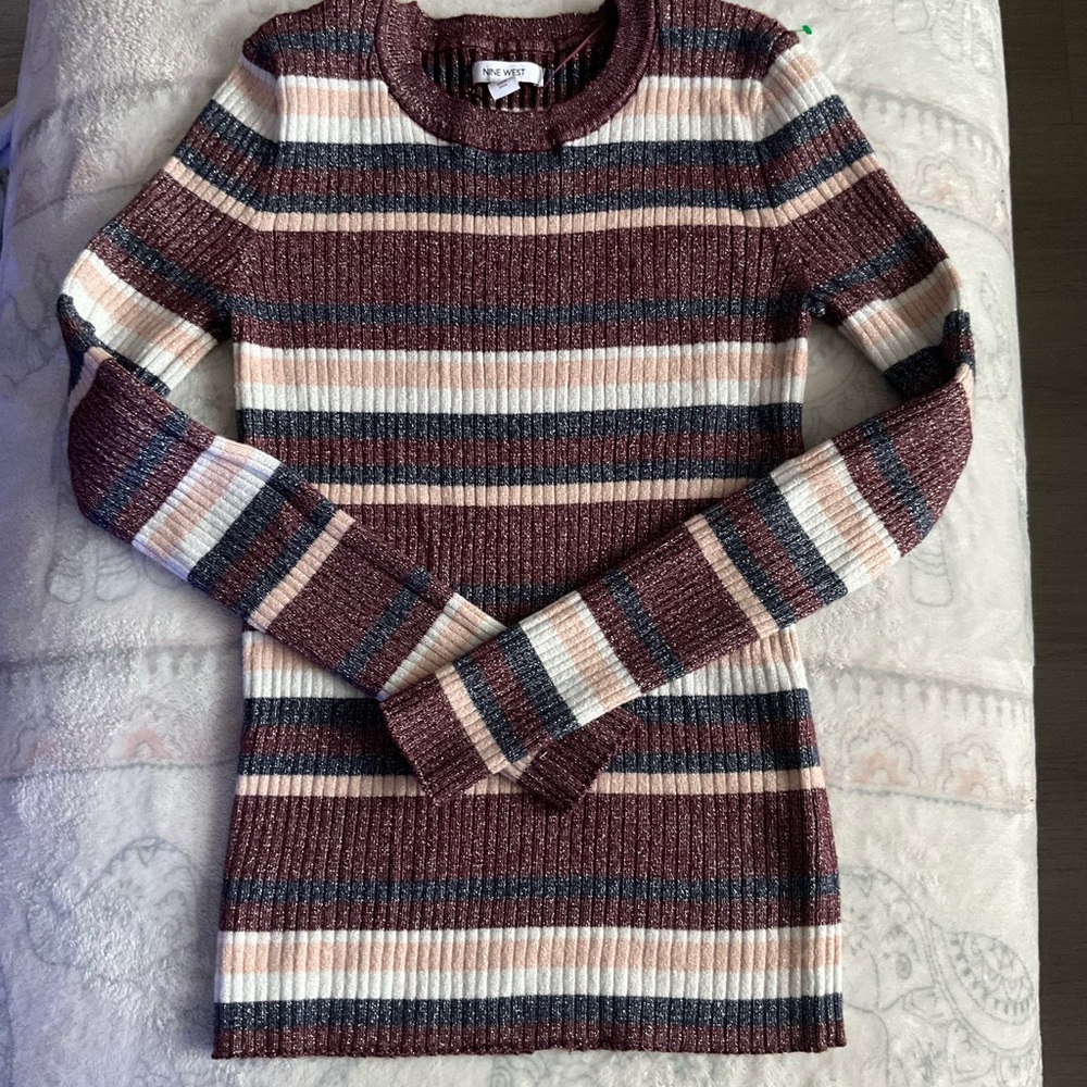 Nine West Burgundy and Cream Striped Sweater